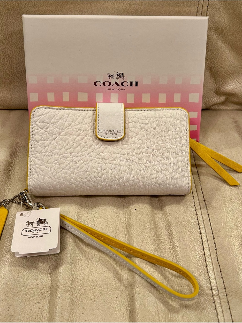 Coach White Pebbled Leather Wristlet Wallet with Yellow Trim